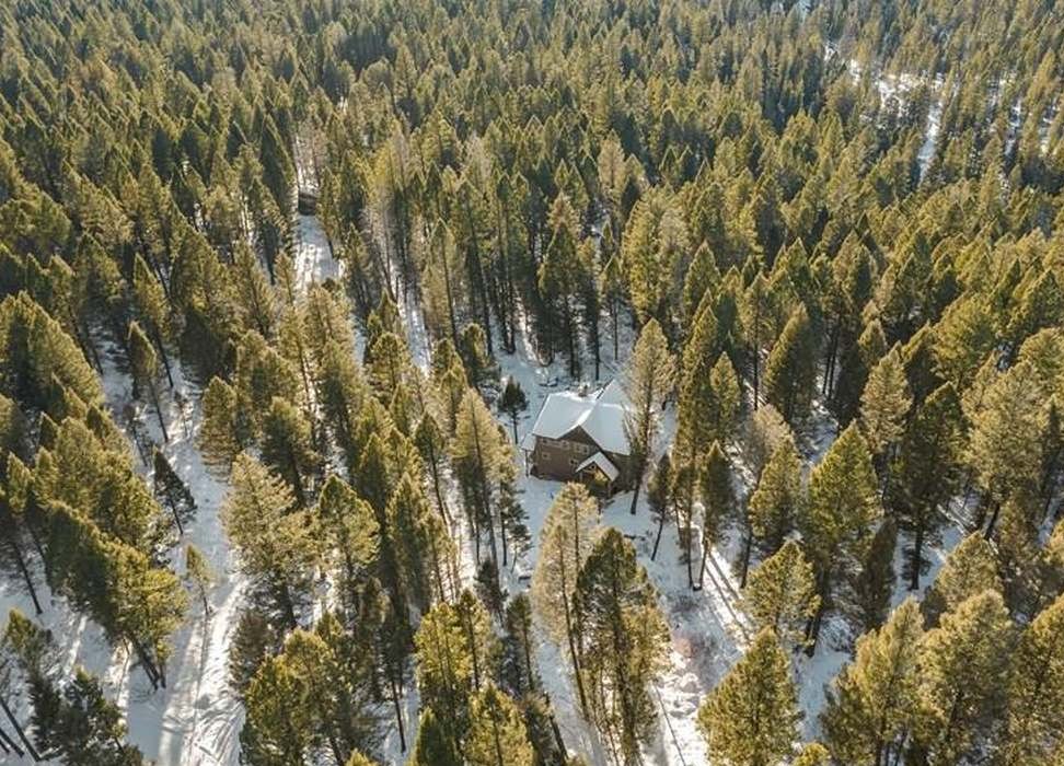Aerial over Island Park — The Treehouse hidden among the pines on two-plus acres